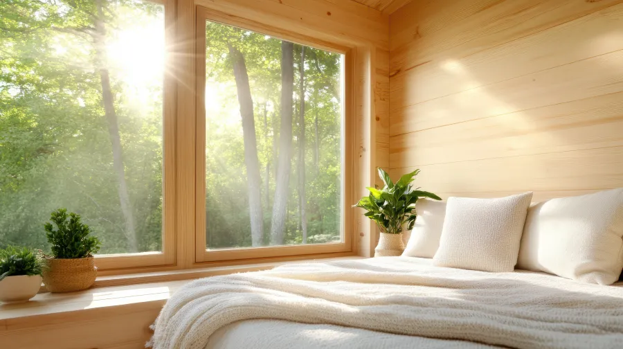 A bedroom with an energy-efficient window and a bed in Dayton, OH